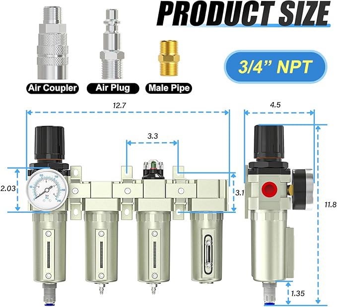 3/4" NPT Heavy Duty Industrial Grade 4 Stage Air Drying System,Auto Drain,Coalescing Filter,Double Particulate Filter,Desiccant Dryer and Air Regulator For Plasma Cutter and Paint Spray