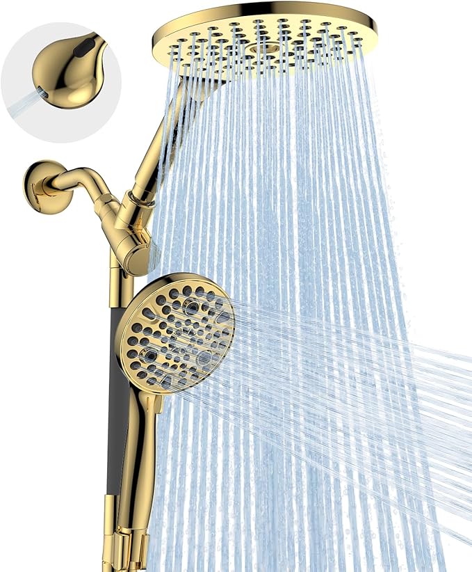 Dual Handheld Shower Head Combo, 2-in-1 Rain Shower Heads System 8 Inch Rainfall Shower Head and 10 Modes High Pressure Hand Held Showerhead with Built-in Power Wash