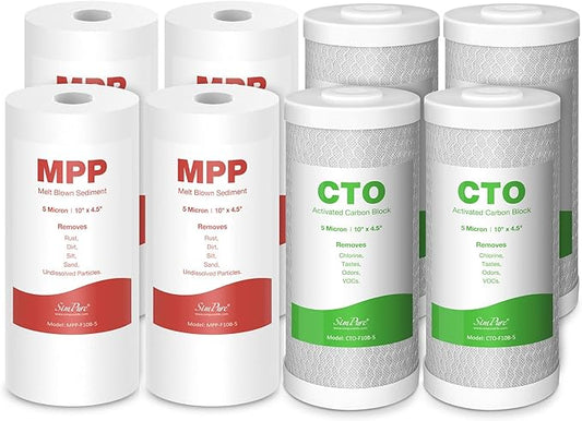 SimPure 5 Micron 10" x 4.5" Sediment and Carbon Water Filters Combo, Whole House Replacement Water Filter Cartridges for GE FXHTC, GXWH40L, WGB21B, FP15B, FC15B, 4-Pack Each