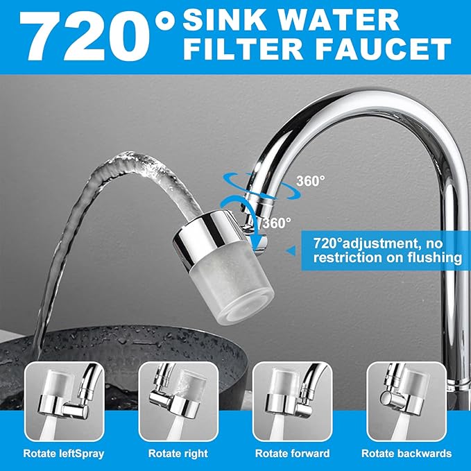 Sink Water Filter Faucet, 720 ° Rotating Kitchen Faucet Water Purifier, Bathroom Faucet Filter Removes Chlorine Fluoride Heavy Metals Hard Water for Home, Kitchen & Bathroom