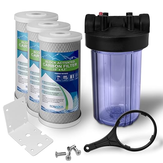 High Capacity 10 x 4.5” Transparent Whole House Water Filter Purifier System with Presser Relief Button, 1” Inlet/Outlet Brass Port & Yearly Supply (3) Coconut Shell Activated Block Carbon Cartridges