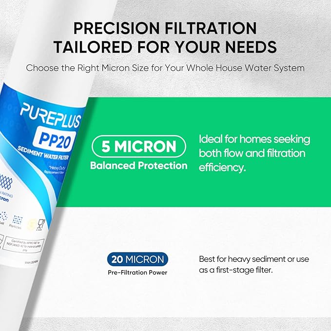 PUREPLUS 5 Micron 20" x 2.5" Whole House Sediment Home Water Filter, 20-inch Sediment Pre-Filtration, Replacement Cartridge Aqua Pure AP110-2C, Pentek P1-20/SP-P1-20/PX01-20, Watts FPMB5-20, 6Pack