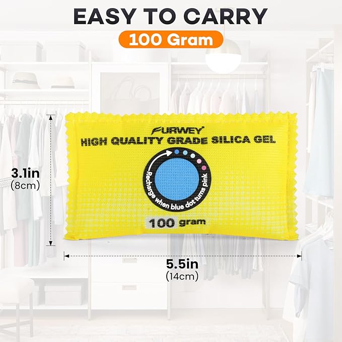 100g (24 Packs) Rechargeable Desiccant Packs for Storage, Color Indicating Silica Gel Desiccant Packets, Moisture absorbers for storage,Dehumidifier bag for Closets,Cars,Storage Bins