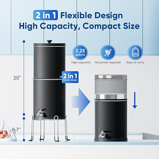Purewell 3-Stage 0.01μm Ultra-Filtration Gravity Water Filter System, NSF/ANSI 42&372 Certification, 304 Stainless Steel Countertop System with 2 Filters and Stand, Reduce 99% Chlorine, 2.25G, PW-OB