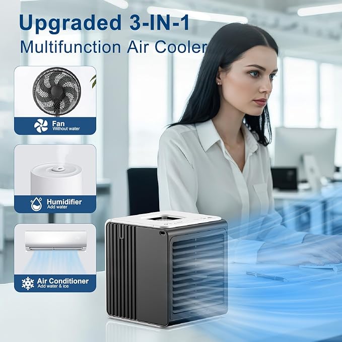 Portable Mini Air Conditioner,BIESQYA 3-in-1 Personal Small Ac Unit Cooler, 3 Speed USB Powered Desk Fan Swamp Evaporative Windowless Humidifier for Room Office Camping Car Black