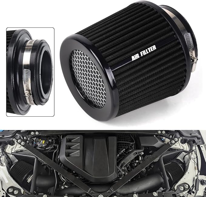 4-Inch Cold Air Intake Filter - Washable, High Performance, 3" or 3-1/2" or 4" Clamp-On Replacement Cone Air Filter Universal 3 Sizes in 1 Black