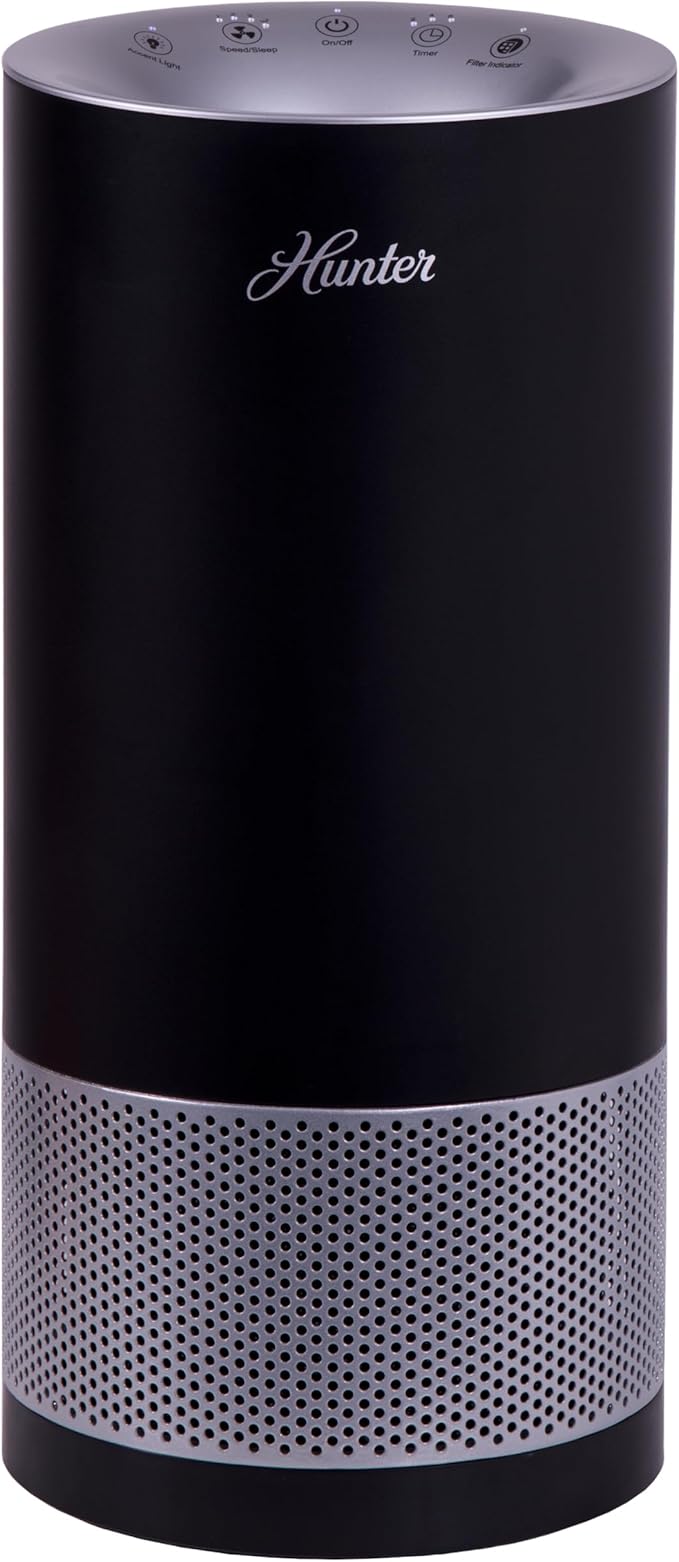 Hunter HP400 Round Air Purifiers for Home, True HEPA Air Purifier Tower for Pets, Odors, Allergens, Smoke, Dust, VOC's. HEPA Air Purifiers for Bedroom and Small Room. Black and Silver