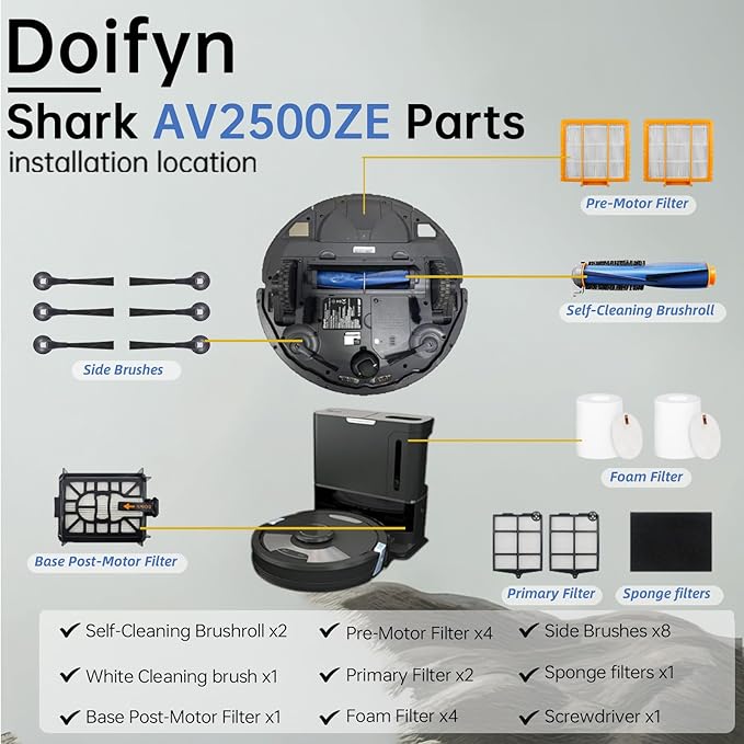 Replacement Parts Compatible with Shark AI AV2501S AV2511AE AV2501AE RV2502AE RV2610WA AV2510AOUS RV2520AOUS Robot Vacuum Cleaner, 2Main Brush, 4 motor pre-filters, 4Foam Filters, 8Side Brushes