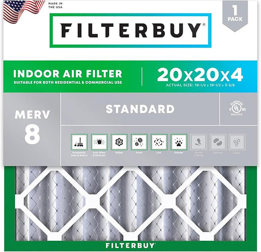 Filterbuy 20x20x4 Air Filter MERV 8 (MPR 700) Dust Defense Replacement (1-Pack), Electrostatic Pleated HVAC AC Furnace Filters, Made in USA (Actual Size: 19.50 x 19.50 x 3.63)