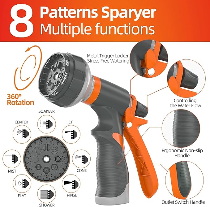 Garden Water Hose 100 ft x 3/4 in Heavy Duty, Flexible and Lightweight, Burst 600 psi, Kink-less Hybrid Rubber Pipe for Backyard, 3/4'' Brass Fittings, Orange