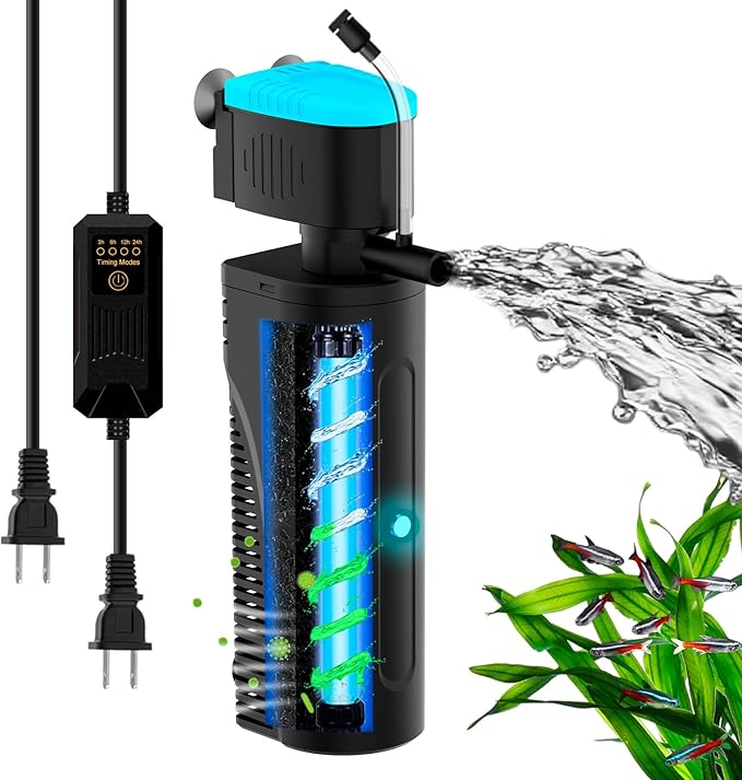 Aquarium Filter with Aeration & Rainfall Mode, U - V Fish Tank Filter with Timer (3/6/12/24 Hours) for Green Water Cleaning, Turtle Tank Filter with Efficient Filter Sponge (30-70Gal)