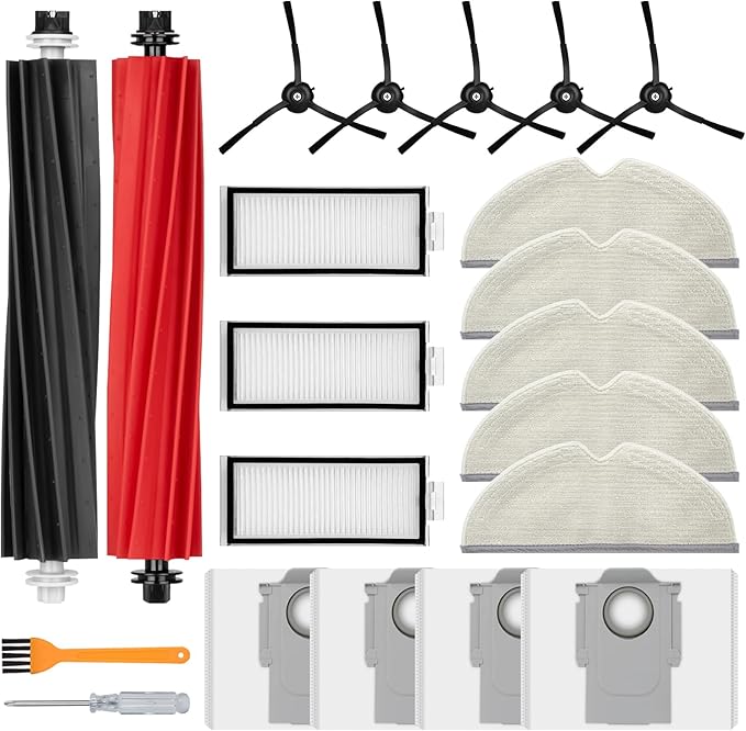 20 Pack Accessories Compatible with ROBOROCK Q5 Pro/Q5 Pro+,Q8 Max/Q8 Max+ Vacuum Robot,Parts Include:1 Dual Roller Brush,5 Side Brush,3 HEPA Filter,5 Mop Cloth,4 Dust Bag,1 Cleaning Tool&1 Screwdrive