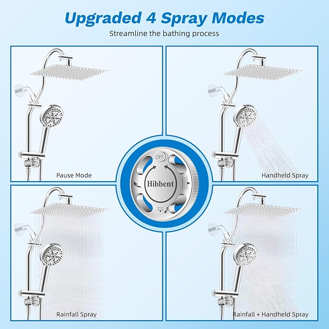 Hibbent Upgraded All Metal 12" Rainfall Showerhead Combo, High Pressure Shower Head with 10-Spray Mode Handheld, 4-way Diverter with Pause Mode, 71'' Shower Hose and Handheld Holder, Chrome