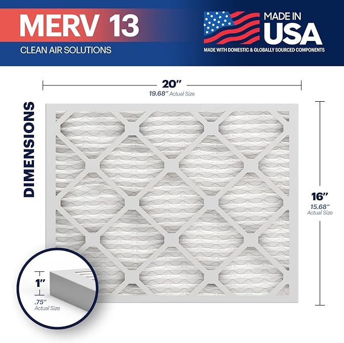BNX TruFilter 16x20x1 MERV 13 (12-Pack) AC Furnace Air Filter - MADE IN USA - Electrostatic Pleated Air Conditioner HVAC AC Furnace Filters - Removes Pollen, Mold, Bacteria, Smoke