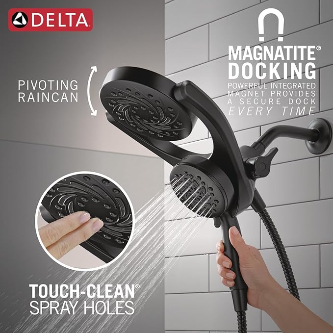 Delta 5-Setting HydroRain 2-in-1 Dual Shower Head with ProClean Spray, Matte Black High Pressure Shower Head with Handheld Spray, 1.75 GPM Flow Rate, Matte Black 75419BL
