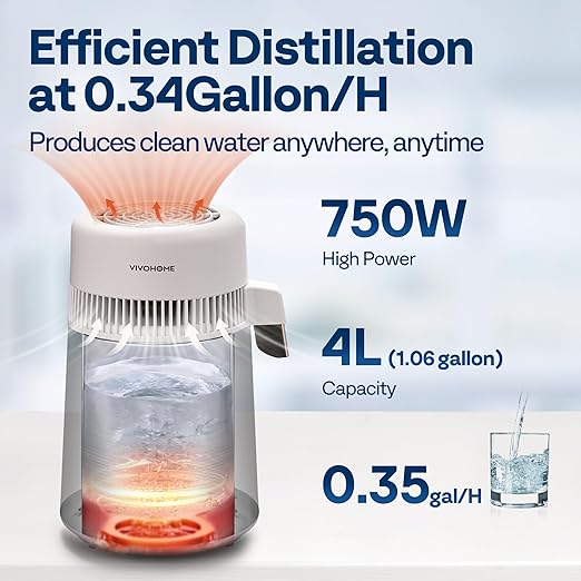 VIVOHOME Water Distiller Countertop 1.06 Gallon/4L 750W Distilled Water Machine with Smart Switch Purifier Filter for Home Office, White