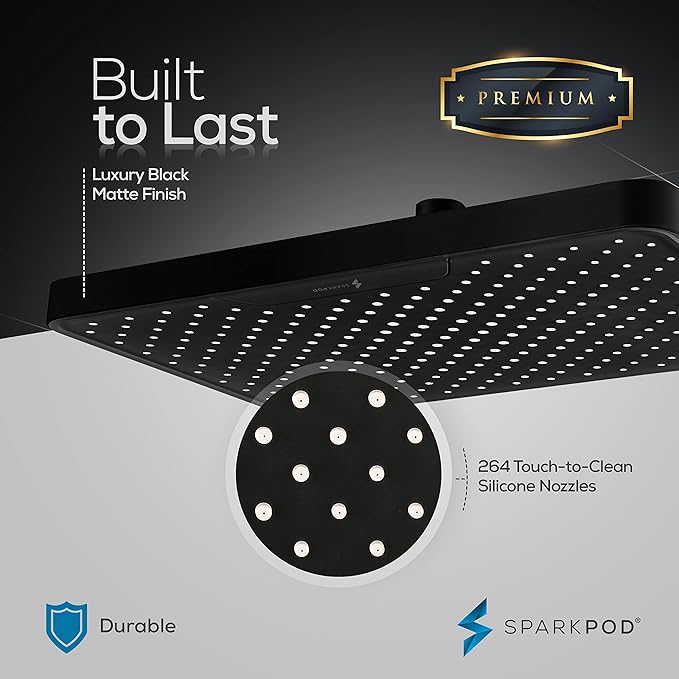 SparkPod 12 Inch Black Rain Shower Head - Ceiling or Wall Mount Rainfall Shower Head - Large Coverage Showerhead - Brass Ball Joint with 360° Adjustment - 1-Min Install (Midnight Black Matte)