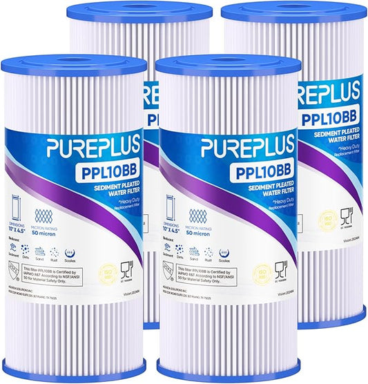 PUREPLUS 50 Micron 10" x 4.5" Extra Coarse Pleated Sediment Filter for Well Water, Replacement Cartridge for GE FXHSC, Culligan R50-BBSA, Pentek R50-BB, DuPont WFHDC3001, W50PEHD，GXWH40L, 4Pack
