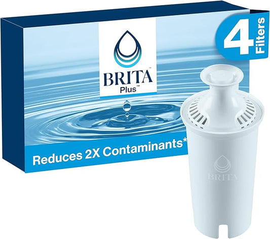 Brita Plus Water Filter, BPA-Free, High-Density Replacement Filter for Pitchers and Dispensers, Reduces 2x Contaminants*, Lasts Two Months or 40 Gallons, Includes 4 Filters