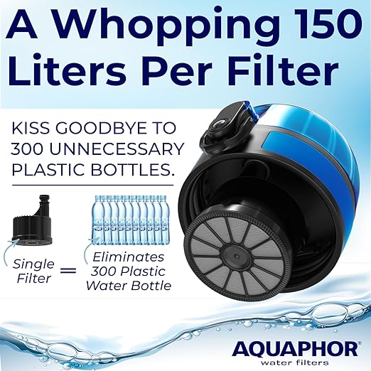 Nakii Filtered Water Bottle, Leakproof, BPA-Free, Motivational Markings, Travel, Everyday Use. 40-Gallon Filter, Replaces 300 Plastic Water Bottles. Includes 1 Filter, 34 FL Oz, Blue by Aquaphor