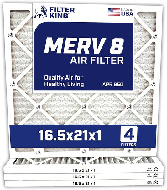 Filter King 16.5x21x1 Air Filter | 4-PACK | MERV 8 HVAC Pleated A/C Furnace Filters | MADE IN USA | Actual Size: 16.5 x 21 x .75"