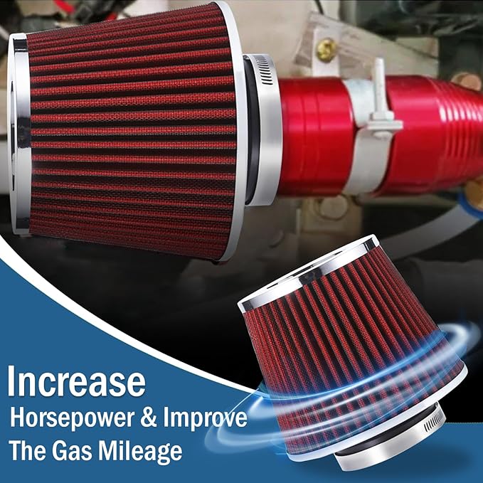 Universal Clamp-On Air Intake Filter, Fit Intake Tube with 3/3.5/4in Diameter, High Performance, Washable Filter, Replacement Air Filter, Flange Diameter 3inch/76mm (Red)
