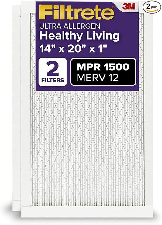 Filtrete 14x20x1 AC Furnace Air Filter, MERV 12, MPR 1500, CERTIFIED asthma & allergy friendly, 3 Month Pleated 1-Inch Electrostatic Air Cleaning Filter, 2-Pack (Actual Size 13.81x19.81x0.78 in)