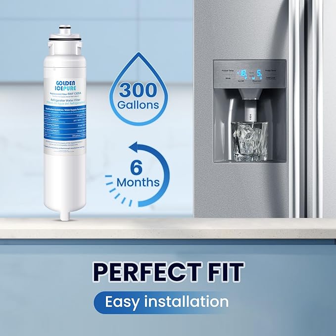 GOLDEN ICEPURE RWF1300A Water Filter Replacement for Daewoo DW2042FR-09, DW2042FB, Kenmore 469130, Aqua Crystal DW2042F-09, FRN-Y22D2V, FRN-Y22D2W,3PACK