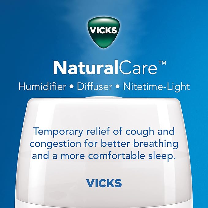 Vicks NaturalCare Cool Mist Ultrasonic Humidifier (VUL530), White, Small Room – Humidifier and Diffuser with Nighttime Light, Works with Vicks VapoPads