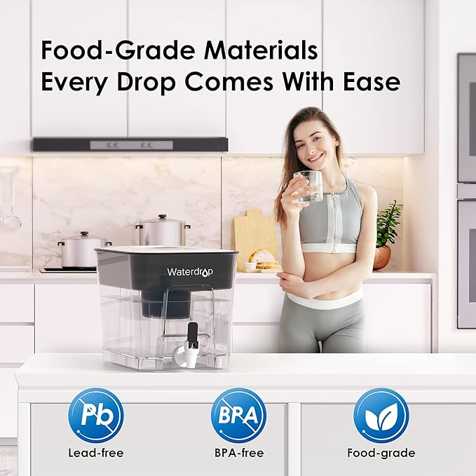 Waterdrop Alkaline Water Filter Dispenser, Large 40-Cup, Healthy, Clean & Toxin-Free Mineralized Alkaline Water, 100-Gallon, BPA Free, Black (1 Filter Included)