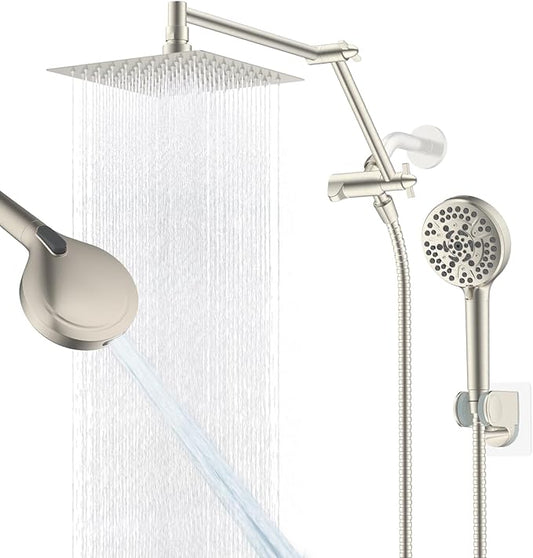 iFealClear Metal Rain Shower Head, 8” High Pressure Rainfall Shower Head with Handheld Spray, 10-Mode Handheld Powerful Wash, 16" Adjustable Extension Arm, Brushed Nickel