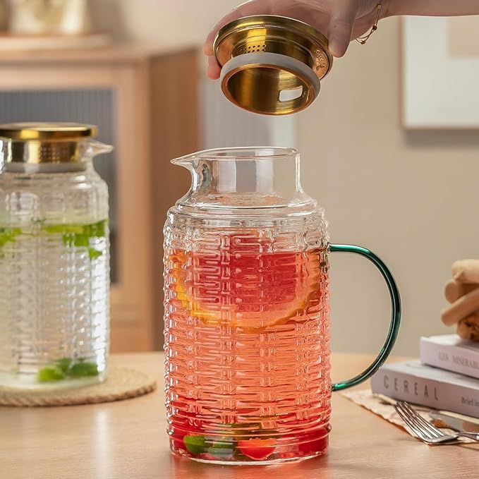 Glass Pitcher with Lid,84 oz/2.5 Liter Vintage Water Pitcher, Clear Borosilicate Glass Water Carafe for Cold Brew, Coffee, Lemonade, Iced Sun Tea, Juice, Beverage, Milk, Heat Resistant