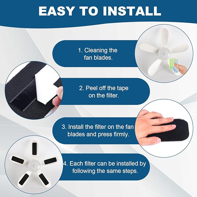 Storystore 12 Pack Ceiling Fan Filters for Blades - 3.5" x 10" Activated Coconut Carbon Filters for Fan, Self-Adhesive Filter Pads, Universal Fit Most Standard Household Fans (Black)