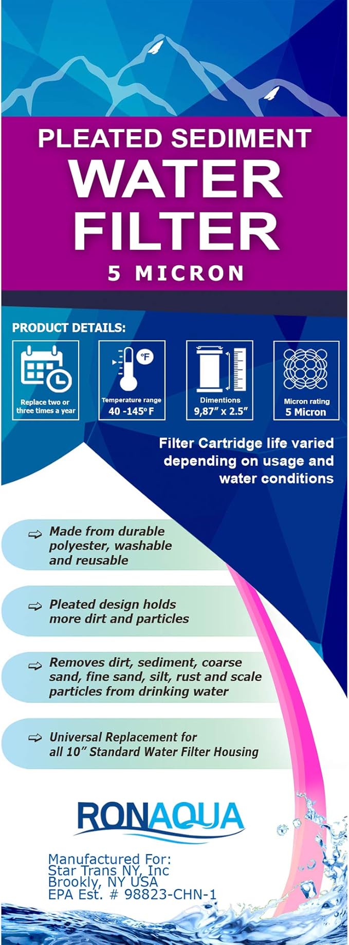 Pleated Sediment Water Filter Cartridge 9.87”x 2.5” Amplified Surface Area, Removes Sand, Dirt, Rust, Extended Filter Life WELL-MATCHED with WHKF-WHPL, 801-50, WB-50W, WFPFC3002, SPC-25-1050