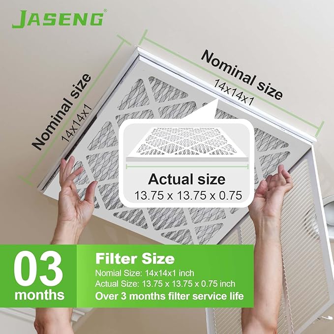 JASENG14x14x1 Air Filters, MERV 8 Pleated HVAC Furnace Filters (6-Pack) - Dust Defense, MPR 600 - exact dimensions: 13.75"x13.75"x0.75" - Replacement for AC, Heater, and Ventilation Systems