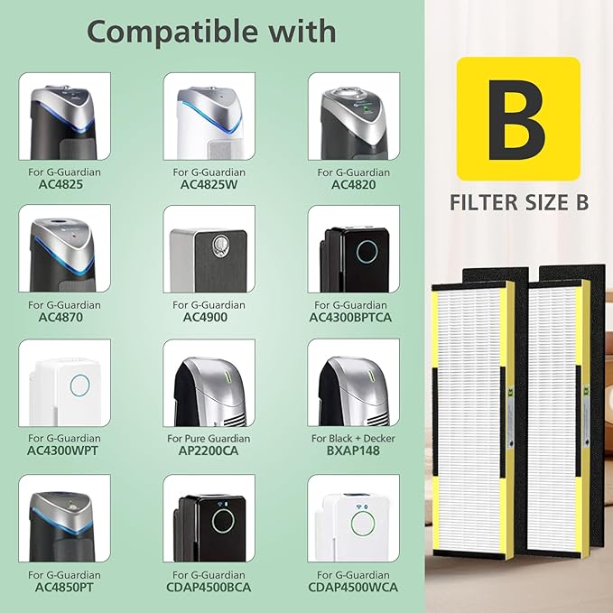 4 Pack FLT4825 HEPA Filter B Replacement with Activated Carbon Pre-Filters Compatible with Guardian Air Purifier AC4825 AC4300 AC4800 AC4900 AC4850