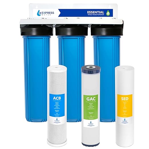 Whole House Water Filter System| ESSENTIAL | 3 Stage Water Purifier Whole Home, Top-Tier GAC, ACB Filters Produce Overachieving H2O, Significantly Reduces Chlorine & Sulfur Smell/Taste, Healtheir Skin