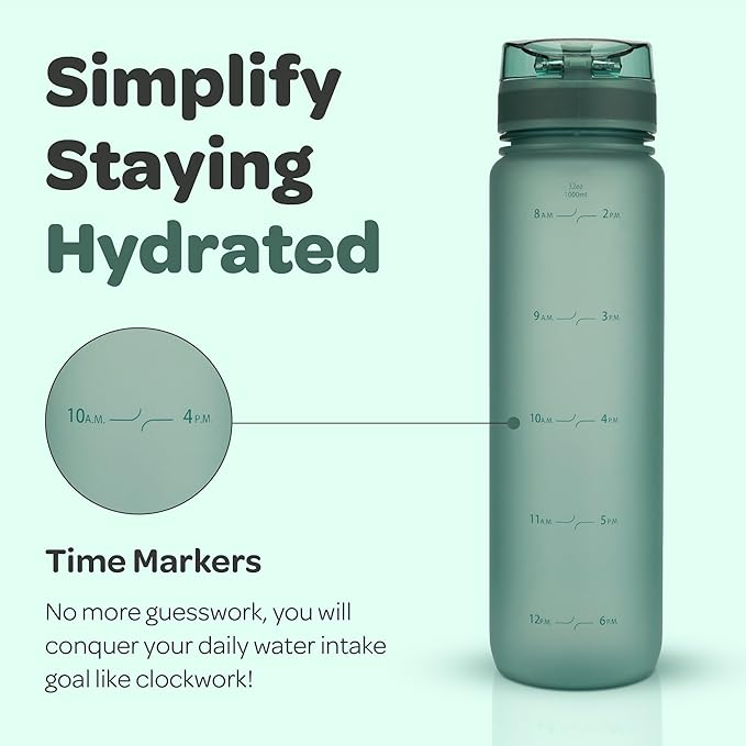 Hydracy Water Bottle with Time Marker -Large BPA Free Water Bottle & No Sweat Sleeve -Leak Proof Gym Bottle with Fruit Infuser Strainer & Times to Drink -Ideal for Fitness Sports & Outdoors