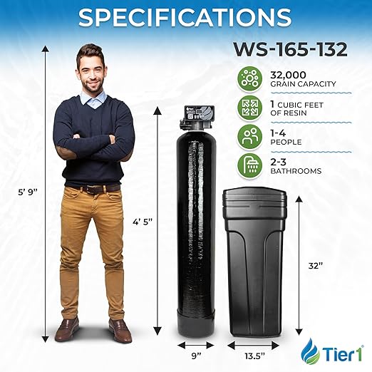 Tier1 Whole House Water Softener System 32,000 Grain High Efficiency with Sediment Pre-Filter | Pre-Filled Mineral Tank with 1 Cubic Foot of Cation Resin | Home Water Filtration System