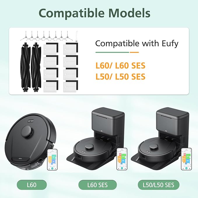 19 Pack Replacement Accessories kit Compatible with eufy L60/ L60 SES/ L50/ L50 SES Robot Vacuum Replacement Parts, 2 Pack Roller Brush + 8 Pack Filter & Sponge + 8 Pack Side Brush + 1 Cleaning Kit