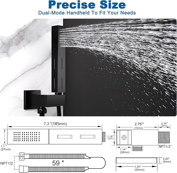 Matte Black Brass 2 in 1 Function Handheld Shower Sprayer Head with 59" Long Flexible Hose Attachment and Adjustable Shower Wand Holder