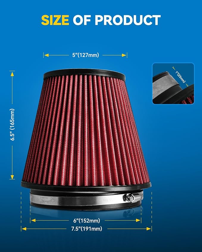 PHILTOP Universal Clamp-On Air Intake Filter, RU-1042,High Performance, Premium, Washable, Replacement Filter, Flange Diameter: 6 In, Height: 6.5 In, Flange Length: 1 In, Shape: Round Tapered