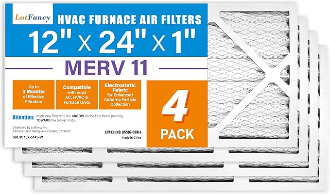 LotFancy 12x24x1 Air Filter MERV 11 Pet Smoke Allergens Defense (4-Pack) Pleated HVAC Furnace Air Filters, Replacement for Home AC & Heating Systems, Actual Size: 11.75" x 23.75" x 0.75"