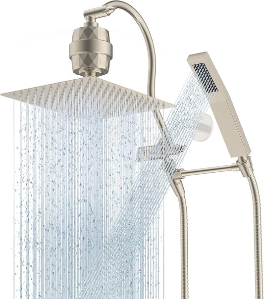 Hibbent All Metal 12'' Filtered Rainfall Shower Head Combo, High Pressure Handheld Shower Wand, 12'' Adjustable Extension Arm, 20 Stage Shower Filter, 71'' Hose, Shower Head Holders, Brushed Nickel