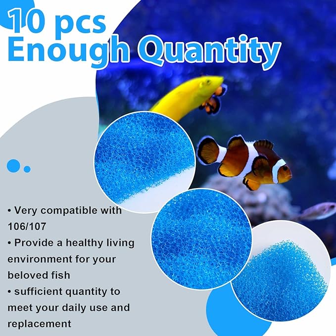 Maxcheck 10 Pcs Bio Sponge Foam Compatible with 106/107 Foam Filters Media Replacement Sponges for Aquarium Filters Fish Tank Accessories, Blue