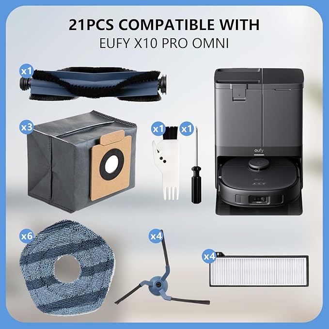 21PCS Accessories Compatible with Eufy X10 Pro Omni Robotic Vacuum Cleaner:1 Main Brush,4 Sweeping Brushes,4 HEPA Filters,4 Vacuum Bags(Deodorant),6 Mop Pads