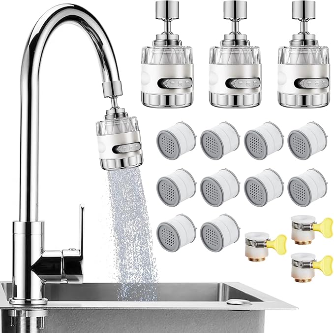 3 Pack Sink Water Filter Faucet, Universal 360 ° Rotating Faucet Filter for Kitchen Sink, 3 Modes Bathroom Faucet Filter Removes Chlorine Fluoride Heavy Metals Hard Water for Home Kitchen & Bathroom