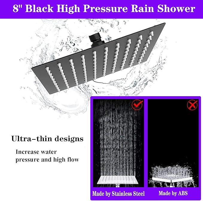 8"High Pressure Square Rain Shower Head and 2-in-1 Hand Shower.Equipped with 78"Hose, 3 Way Diverter Valve,Adhesive Shower Head Holder.(AWAXFOLO Square Shower Head Set Black)