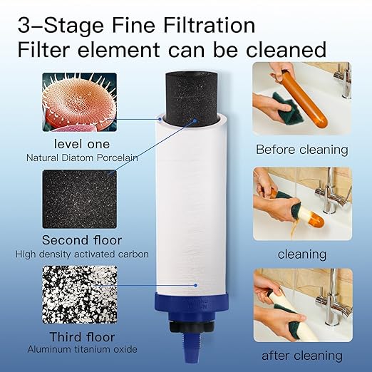 Gravity-Fed Water Filter System, 2.25G Glass Countertop System with 2 Ceramics Fluoride and Arsenic Reduction Elements, Metal Spigot, and Stand, Reduces Fluoride and Chlorine