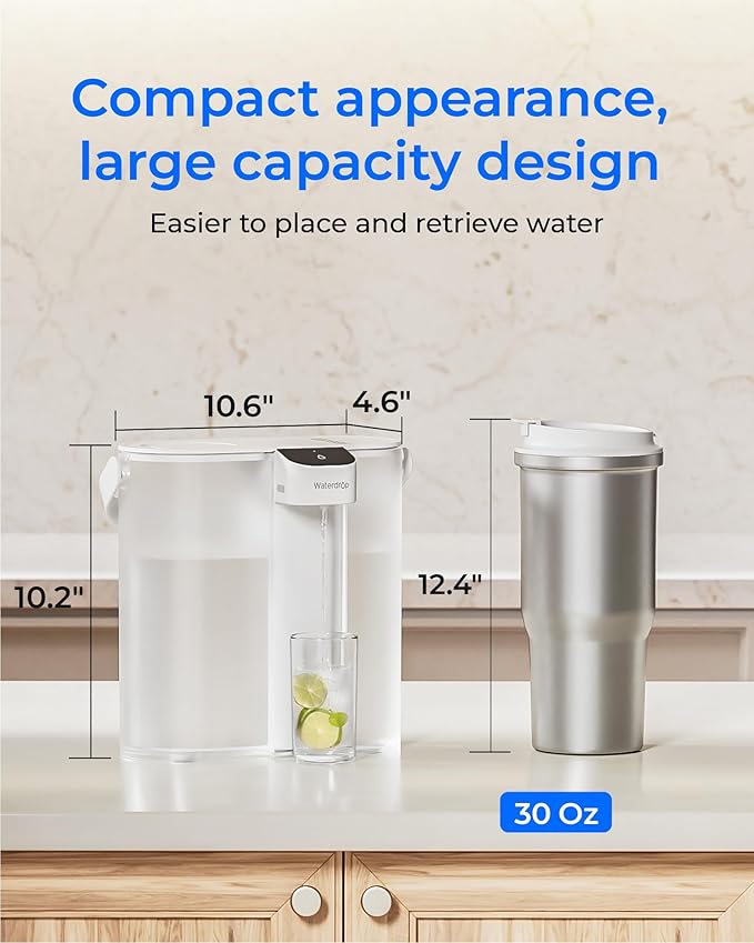 Waterdrop Compact Electric Water Filter Pitcher, 200-Gallon Rechargeable Instant Powerful Dispenser, NSF/ANSI 42&53&401, Reduce PFAS, Lead, Chlorine, 14-Cup, White, with 1 Filter, Does not Lower TDS